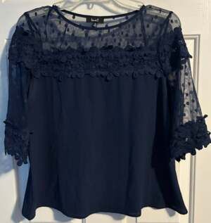 Love J Navy Blue Mesh Swiss Dot Lace Top Womens Medium